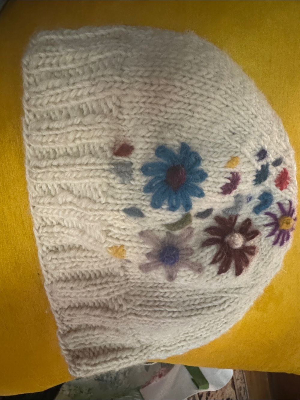 Cream Knit Floral Appliqué Beanie